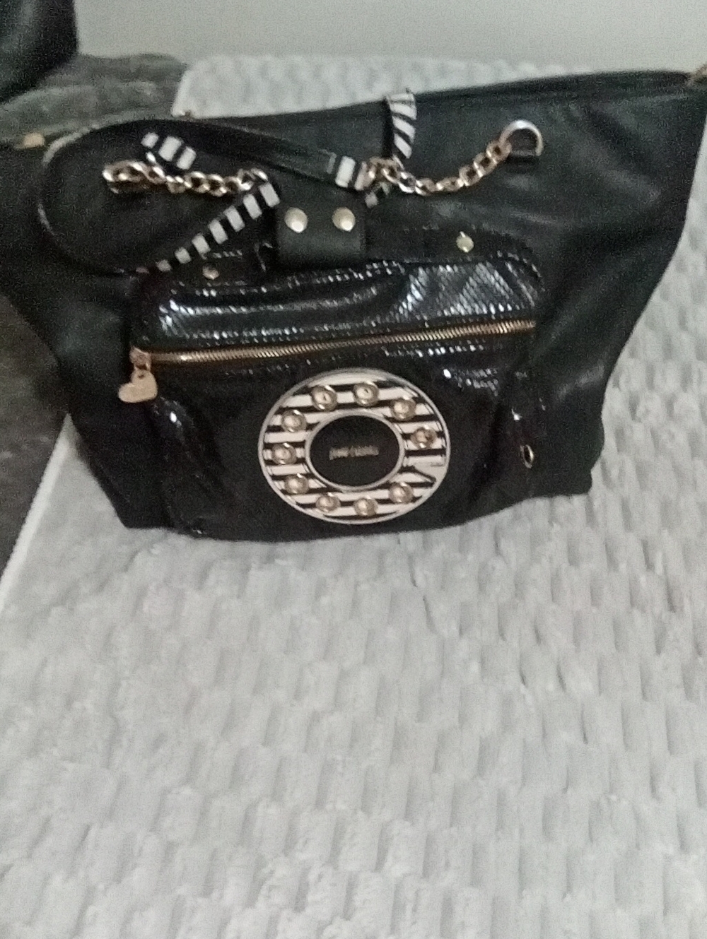 Betsey Johnson Black Patent Shoulder Bag with Gold Accent Hardware